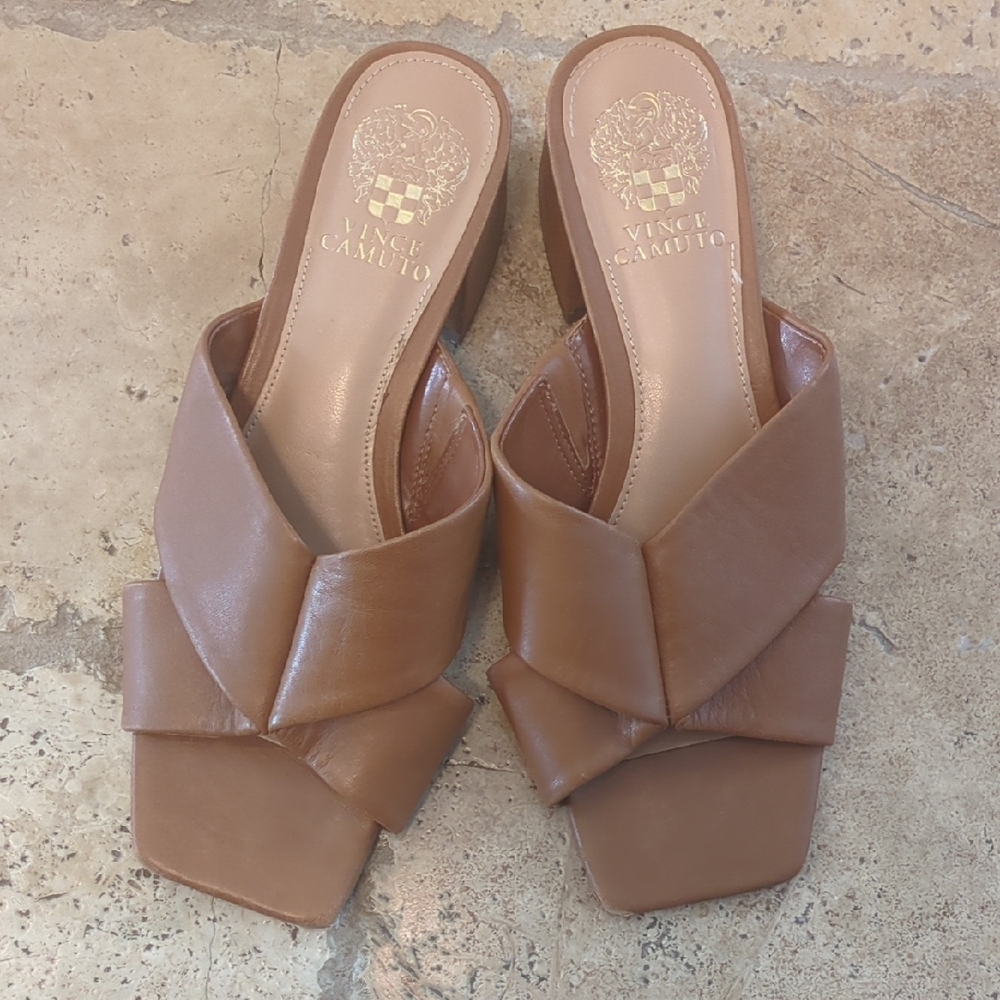 Vince Camuto Brown Leather Mules with Crisscross Straps